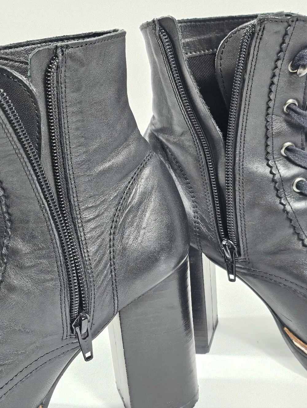 Chelsea & Violet Lexie Black Leather Lace-Up Block Heel Lug Sole Ankle Boot - Picture 13 of 16